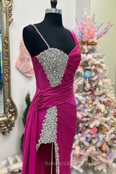 Asymmetrical Magenta Beaded Long Semi Formal Prom Dress with Attached Train